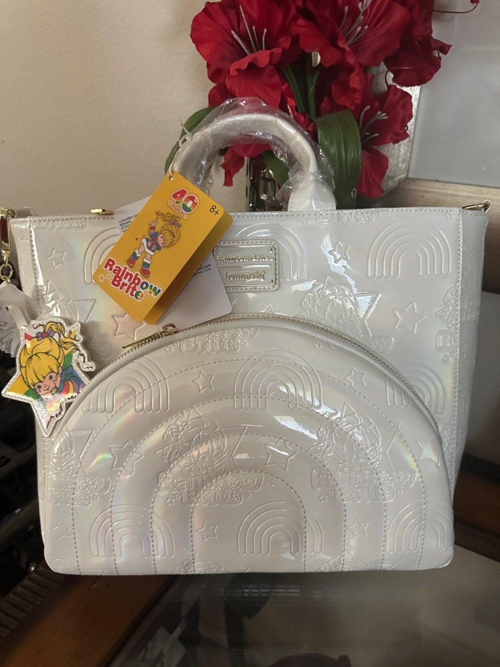 Loungefly Rainbow Brite Holographic White Embossed Satchel tote /backpack NWT